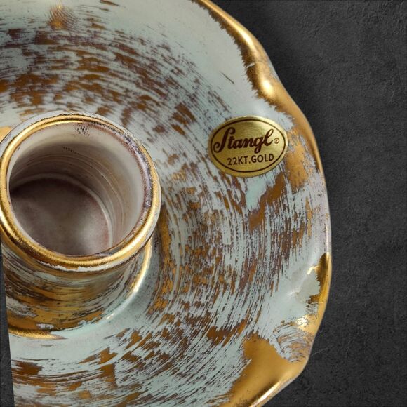 Vintage Stangl 22K Gold Candle Holders #5069 Seafoam Ruffled Mid-Century Pair - Picture 9 of 11